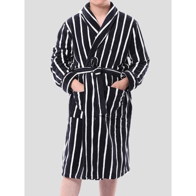 Mens Basic Striped Print Flannel Winter Thick Mid Length Home Lounge Robes Mens Basic Striped Print Flannel Winter Thick Mid Length Home Lounge Robes