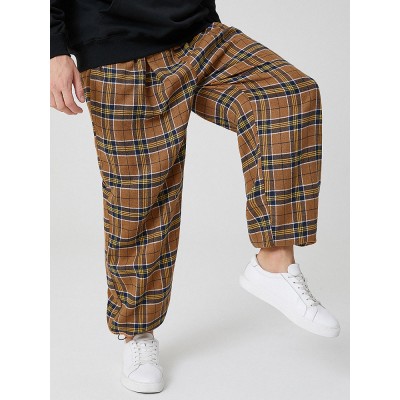 Mens Vintage Plaid Cotton Elastic Waist Drawstring Jogger Pants Mens Vintage Plaid Cotton Elastic Waist Drawstring Jogger Pants