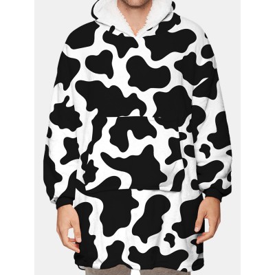 Mens Cow Pattern Print Flannel Two Sided Oversized Blanket Hoodie With Pouch Pocket Mens Cow Pattern Print Flannel Two Sided Oversized Blanket Hoodie With Pouch Pocket