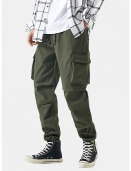 Mens Solid Applique Cotton Drawstring Cuff Cargo Pants With Multi Pockets