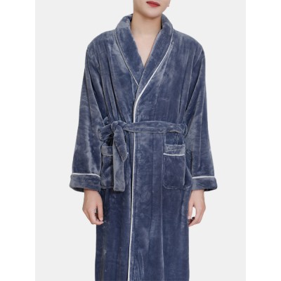 Mens Flannel Lapel Double Pocket Warm Belted Robes With Contrast Binding Mens Flannel Lapel Double Pocket Warm Belted Robes With Contrast Binding