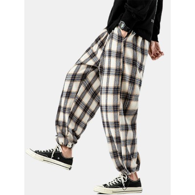 Mens Plaid Casual Drawstring Cuff Pants With Pocket Mens Plaid Casual Drawstring Cuff Pants With Pocket