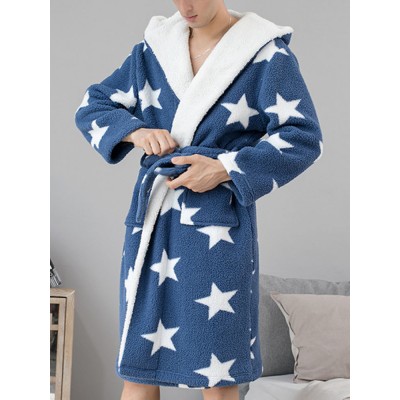 Mens Thick Star Print Home Sashes Plush Warm Hooded Sleepwear Robes With Pocket Mens Thick Star Print Home Sashes Plush Warm Hooded Sleepwear Robes With Pocket