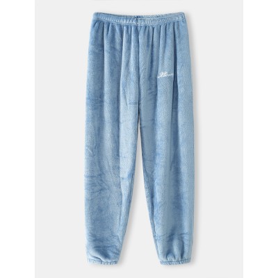 Mens Letter Embroidered Thicken Flannel Elastic Cuff Pants Warm Sleep Bottoms Mens Letter Embroidered Thicken Flannel Elastic Cuff Pants Warm Sleep Bottoms