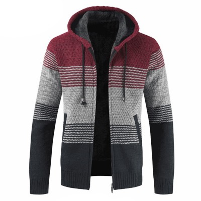 Mens Thick Velvet Casual Thermal Knitting Cardigans Hooded Color Matching Sweaters Mens Thick Velvet Casual Thermal Knitting Cardigans Hooded Color Matching Sweaters