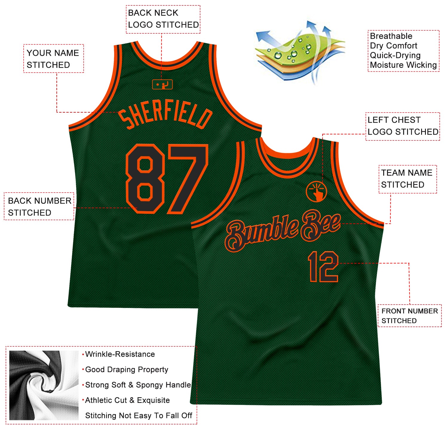 Custom Green Black-Orange Authentic Throwback Basketball Jersey