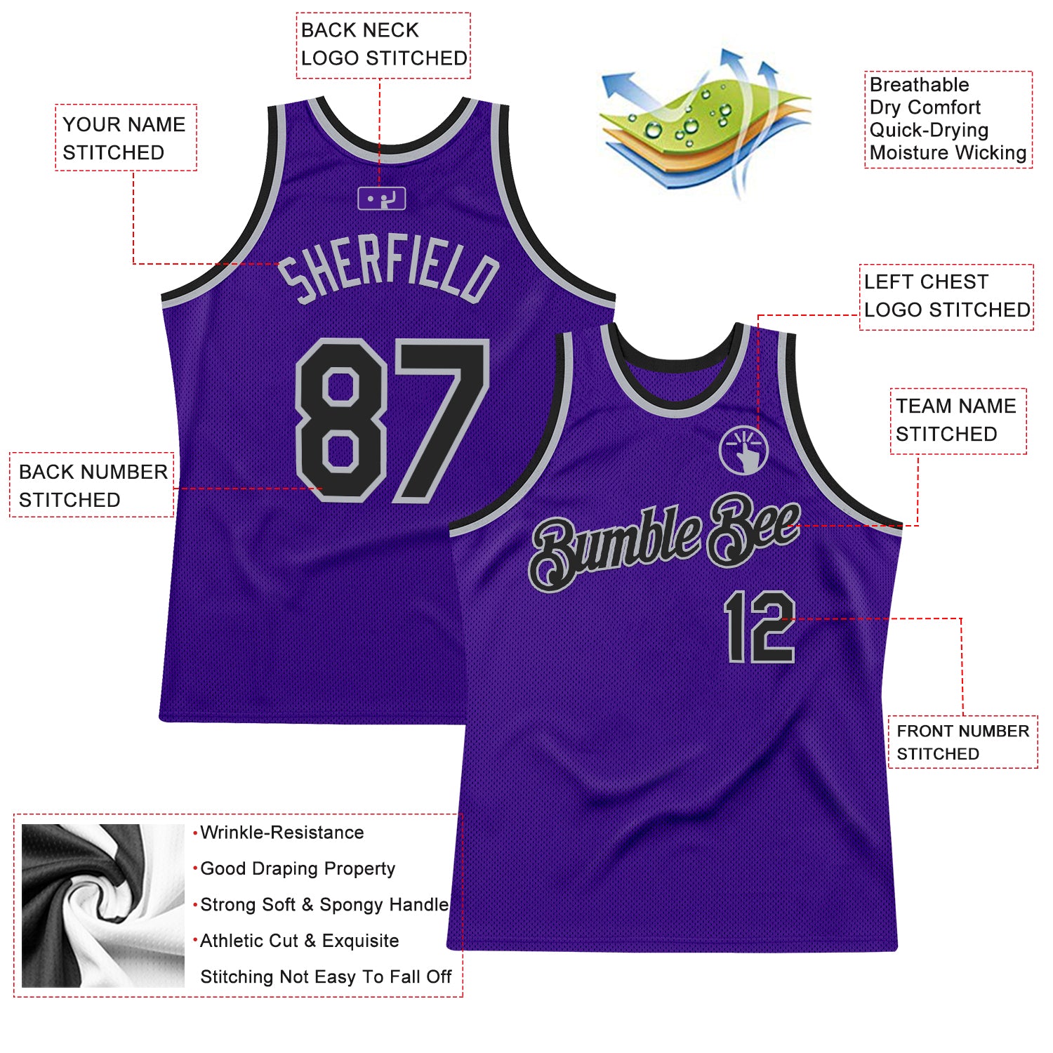 Custom Purple Black-Gray Authentic Throwback Basketball Jersey