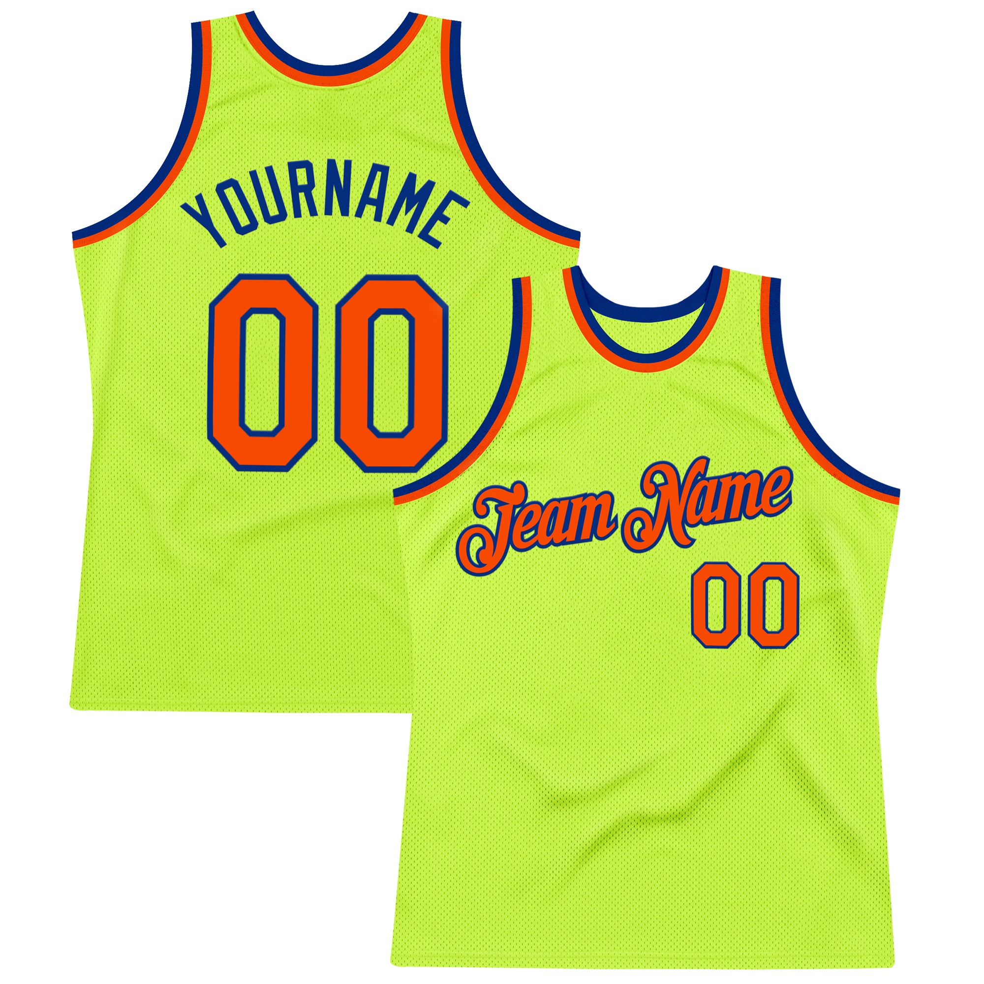 Custom Neon Green Orange-Royal Authentic Throwback Basketball Jersey