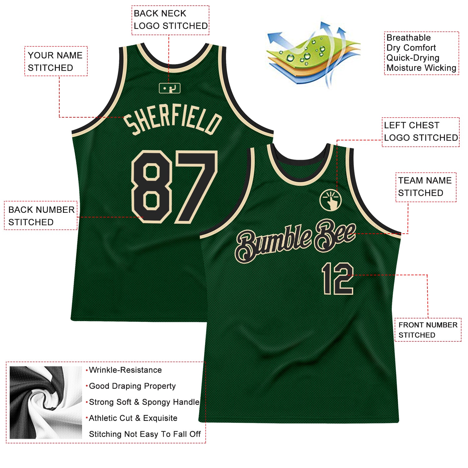 Custom Green Black-Cream Authentic Throwback Basketball Jersey