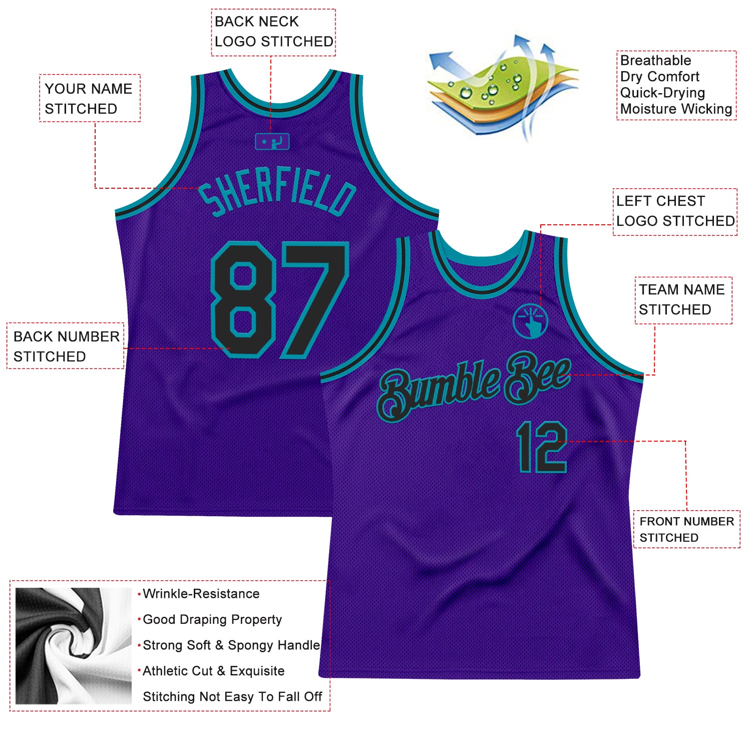 Custom Purple Black-Teal Authentic Throwback Basketball Jersey
