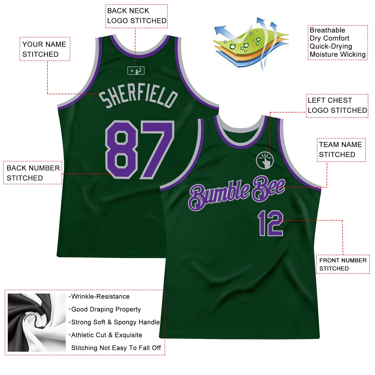 Custom Green Purple-Gray Authentic Throwback Basketball Jersey