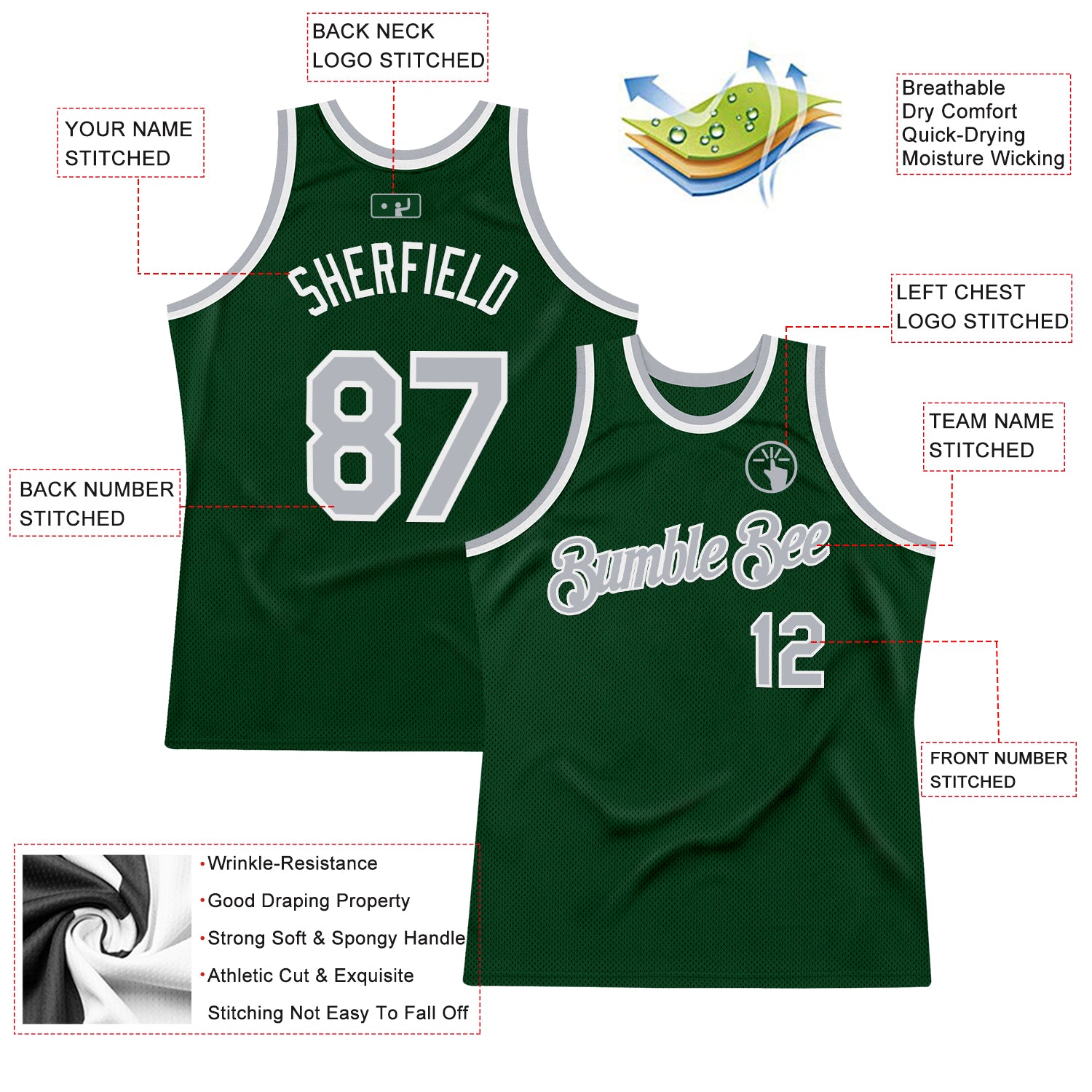 Custom Green Gray-White Authentic Throwback Basketball Jersey