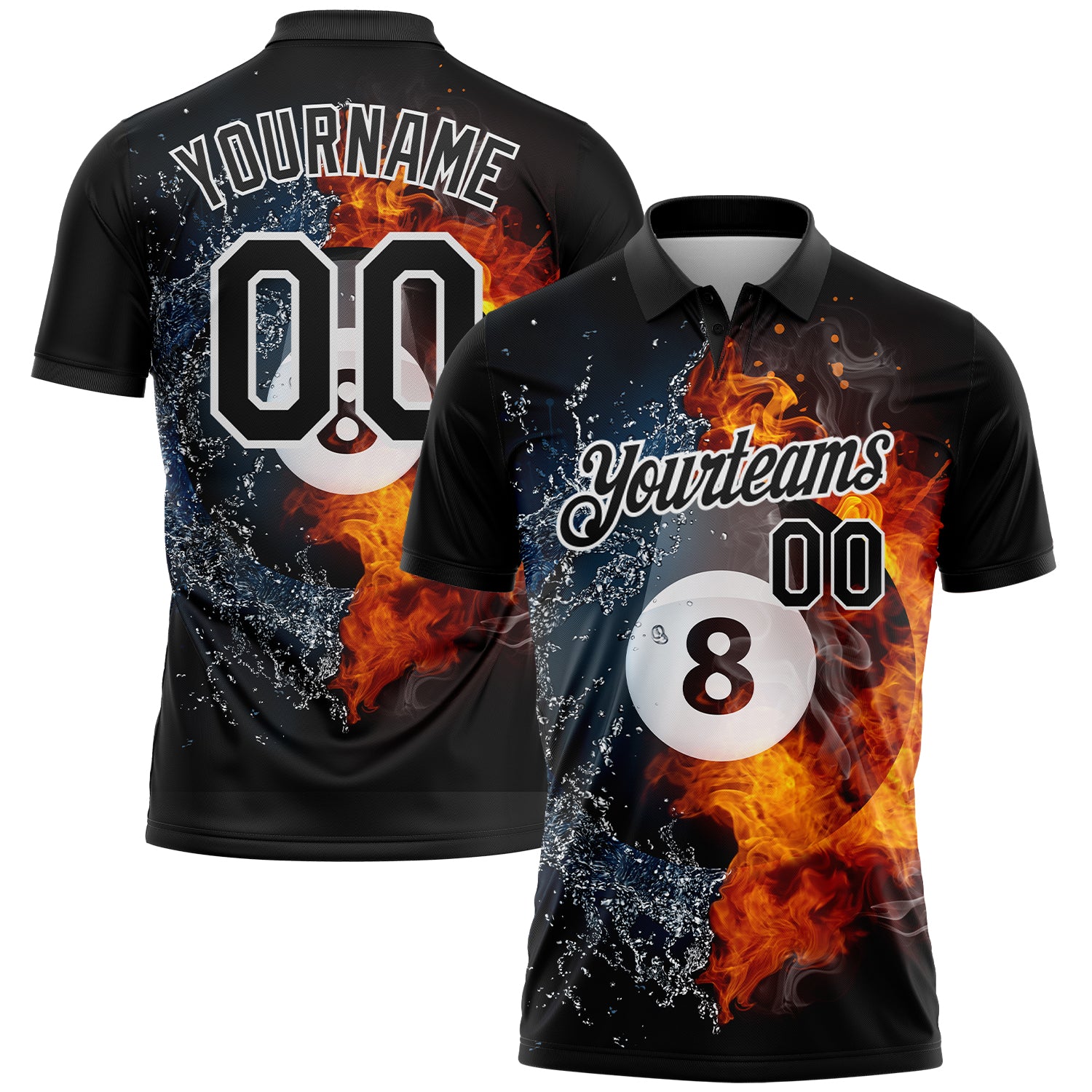 Custom Black White 3D Pattern Design Flame Billiards 8 Ball Performance Polo Shirt